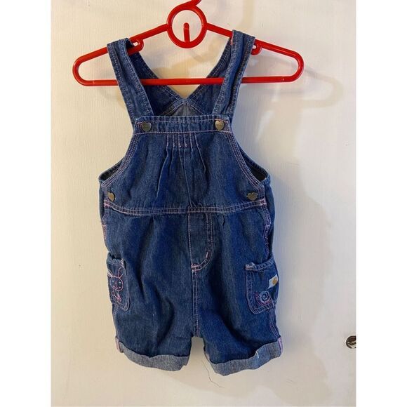 Carhartt short overalls girls 4t denim #13706 bunny and snails snaps - Picture 1 of 7
